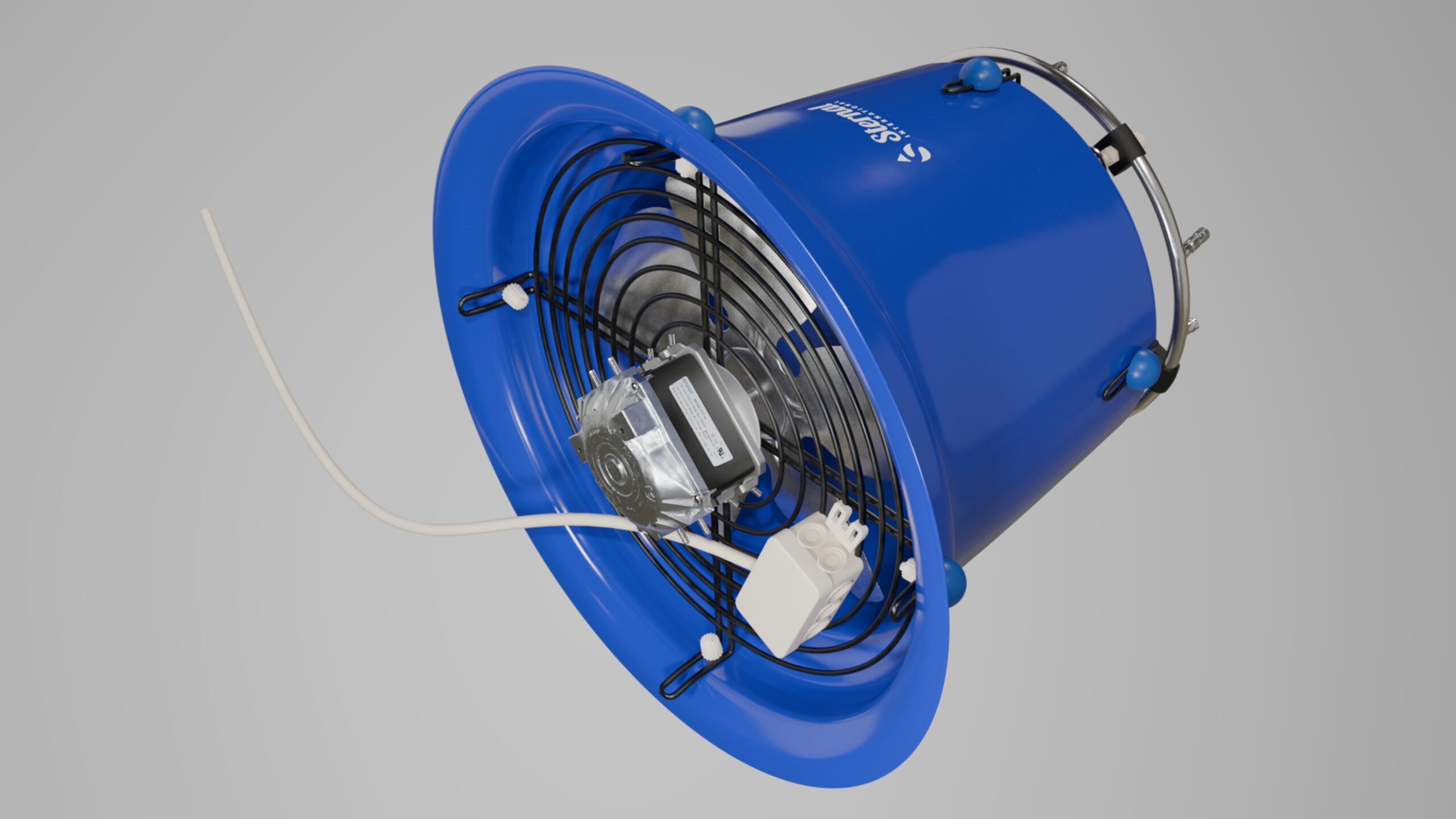 Korkealaatuinen ja yksityiskohtainen 3D-visualisointi sinisestä sumutuulettimesta, jossa on moottori, jakorasia ja propelli