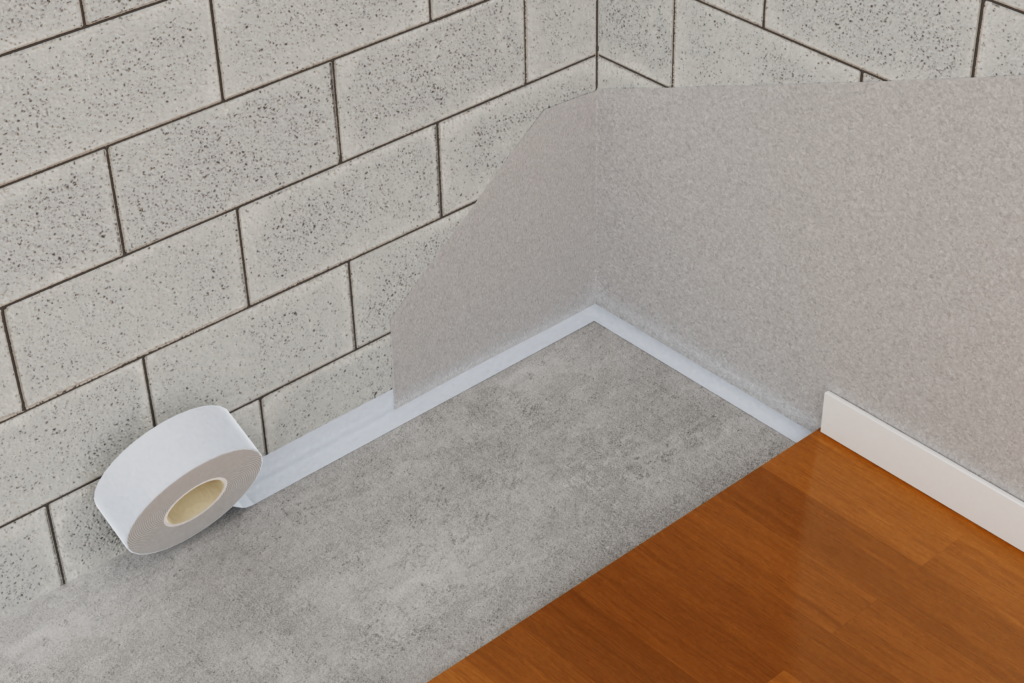 Lattian ja seinän liitos ja teippaus, 3D rakennekuva