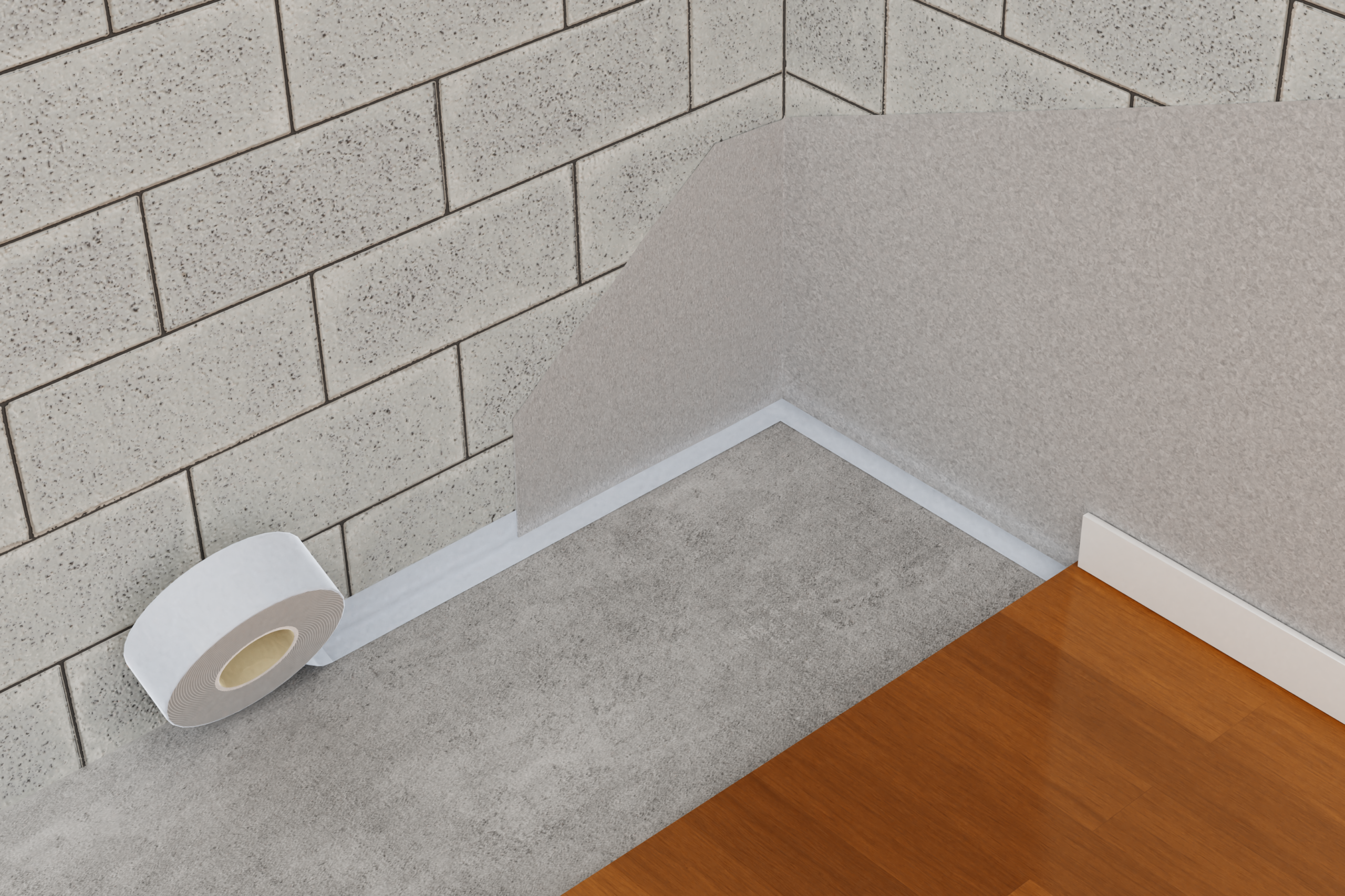 Lattian ja seinän liitos ja teippaus, 3D rakennekuva